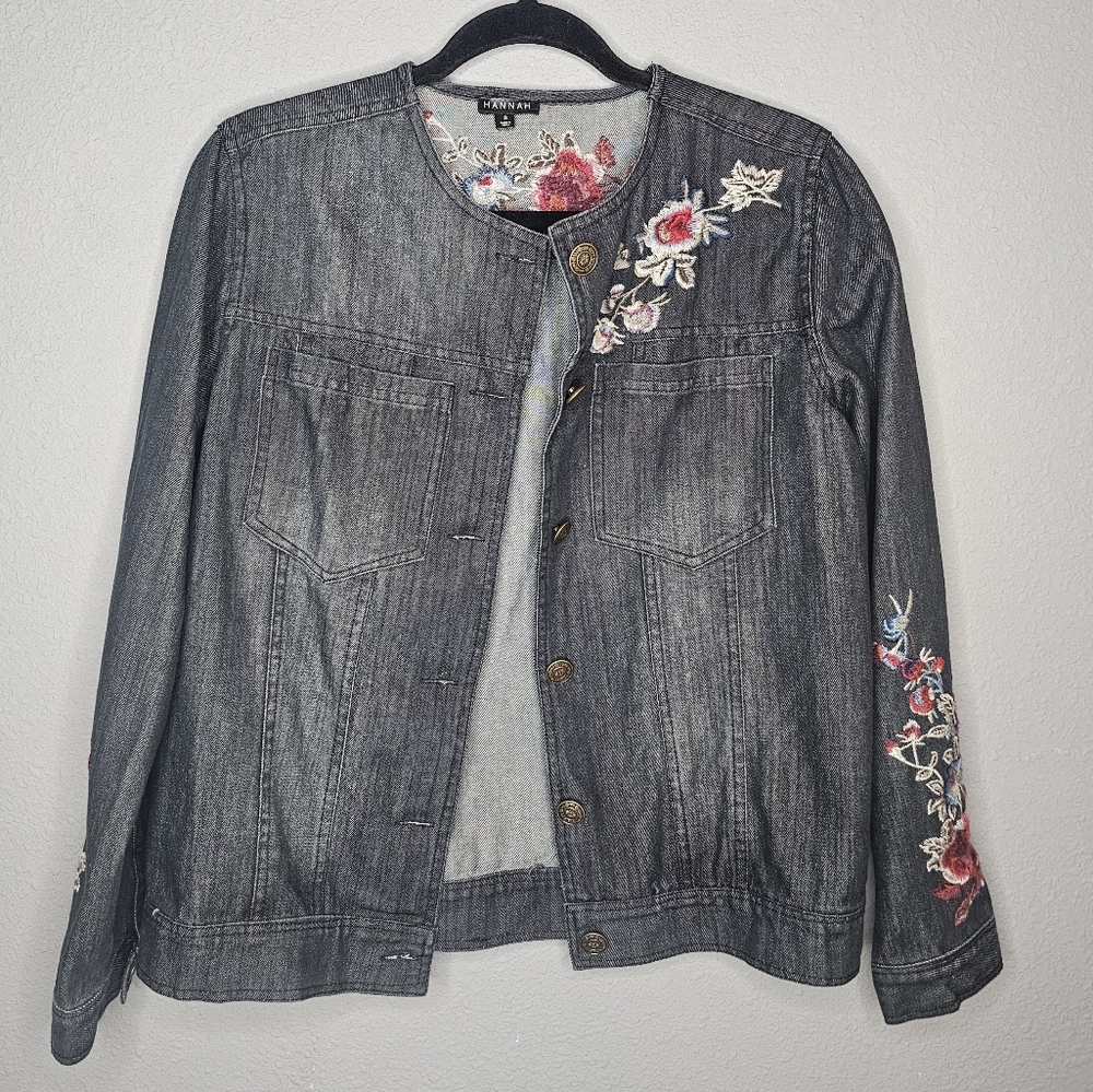 Hannah Denim Jacket Womens Small Floral Embroidery Western Y2K Boho Trucker Coat